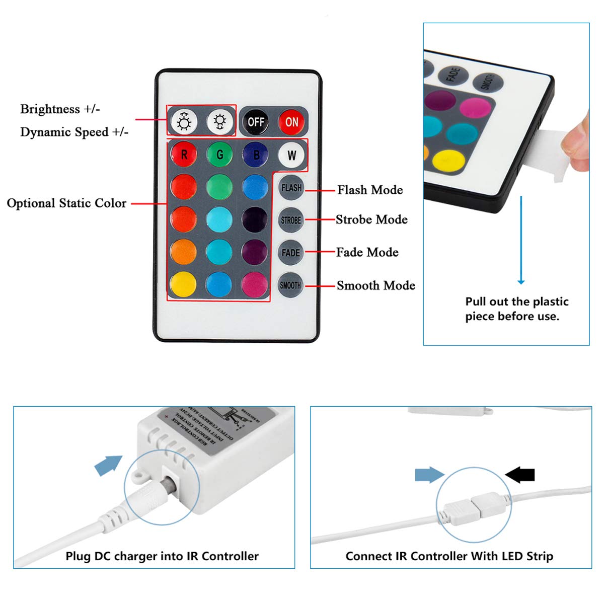 Supernight Rgb Led Strip Light Remote Controller - 24 Keys Ir Dimmer For 12V 5050/3528 Lights, Plastic, Rgb