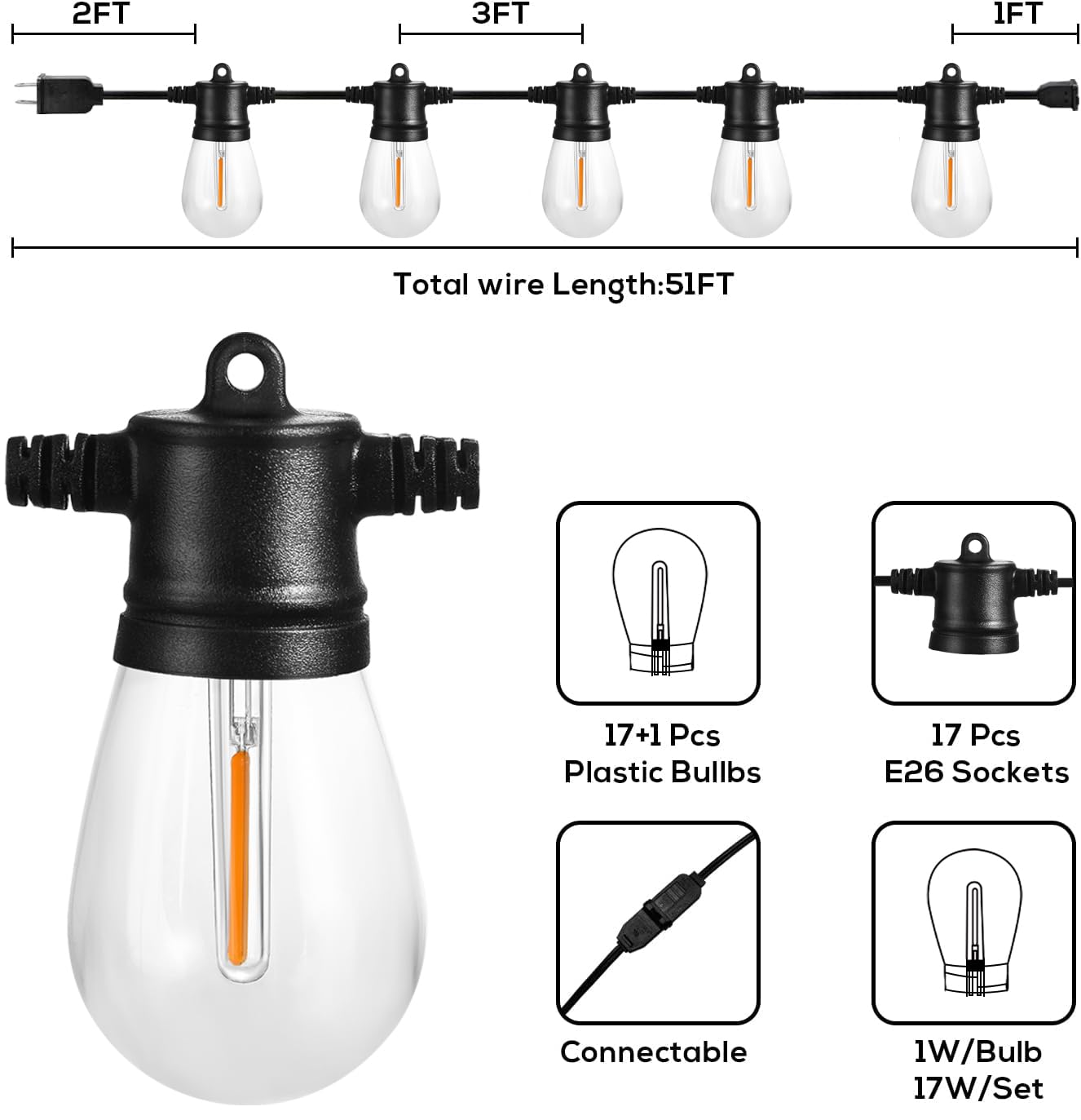 Banord Outdoor String Lights, 51FT Waterproof Black Patio Lights, 18 Shatterproof LED Bulbs, Model Chalpr