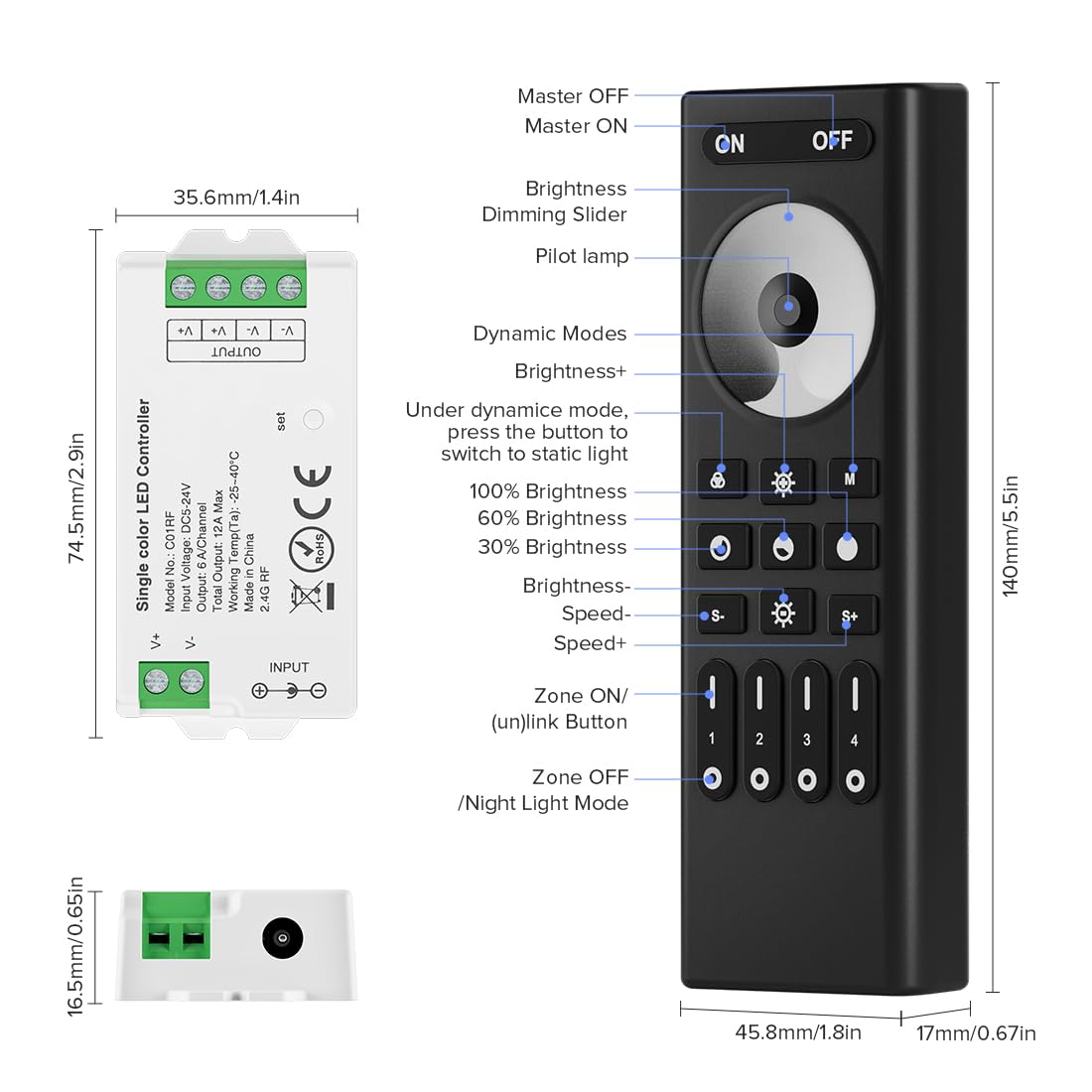 SEZO RF Controller Kit RC01RFB + C01RF, 4-Zone Wireless Remote, Adjustable Brightness, Single Color, for 3528 LED Strip