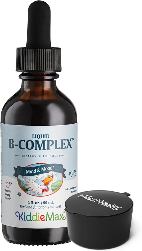 Maxi Health Raspberry Liquid Vitamin B Complex, Supplement with Vitamin B12 - Sublingual B Drops with B1 B2 B3 B5 B6 Biotin Folic Acid, For Energy & Brain Function - 2 fl. Oz, Black Pillbox