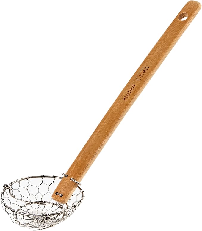 Helen’s Asian Kitchen Spider Strainer | 3-Inch Stainless Steel Basket with Sustainable Bamboo Handle for Cooking and Straining, Set of 2