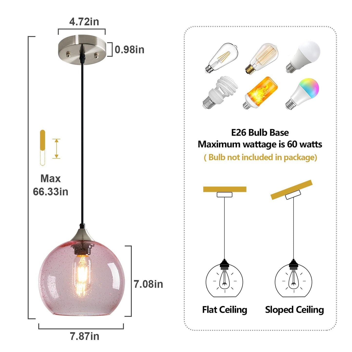 Lbsqj Pink Glass Pendant Lights Kitchen Island Lighting Globe Pendant Light Fixtures Modern Pendant Lighting For Bedroom Living Dining Room Light Fixture (7.87 In  3 Pack)