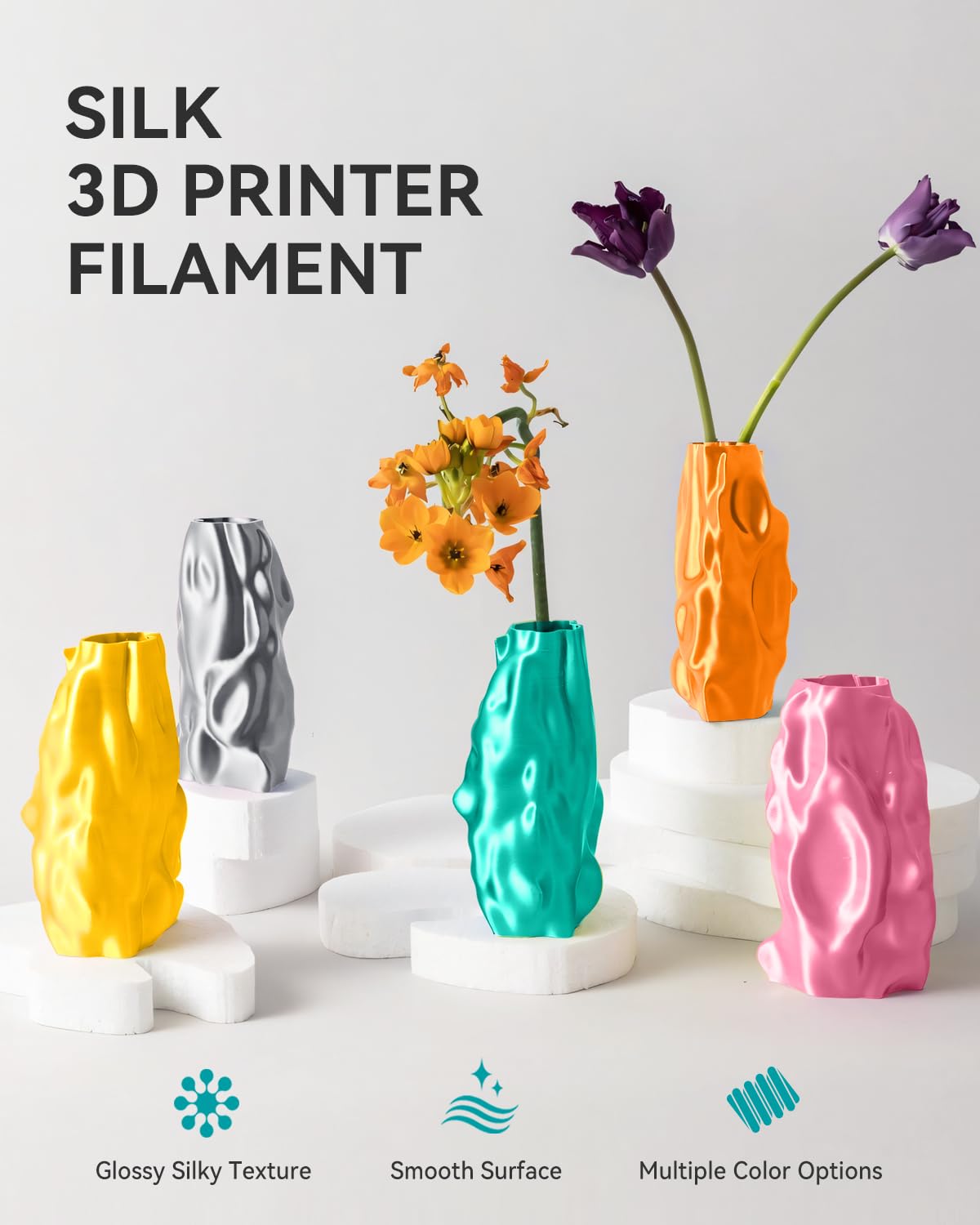 SUNLU 3D Printer Silk Filament,Shiny Silk PLA Filament 1.75mm, Smooth Silky Surface, Great Easy to Print for 3D Printers, Dimensional Accuracy +/- 0.02mm, Silk Silver 1KG