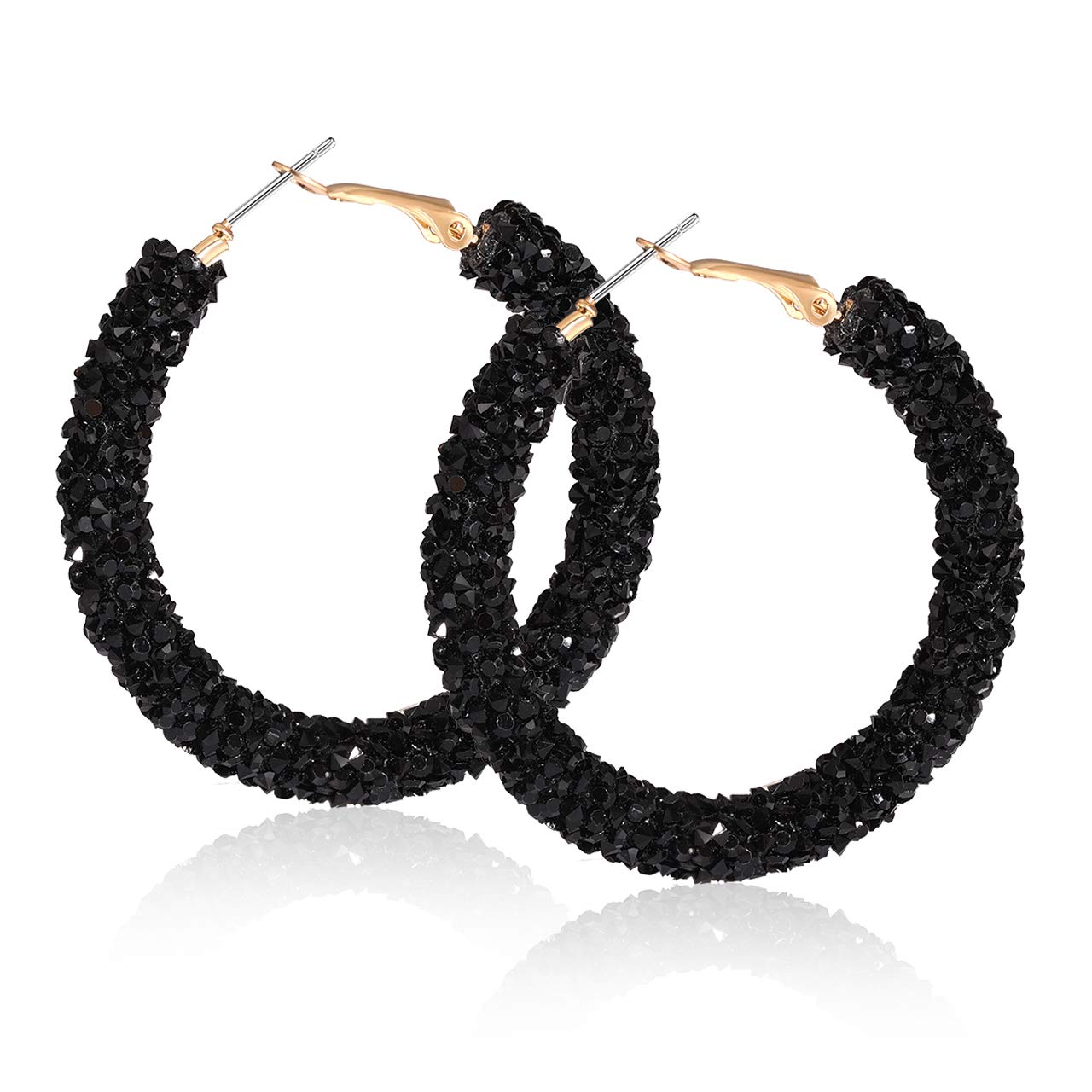 NLCAC Glitter Hoop Earrings Bohemian Sparkle Resin Rhinestone Wrapped Hoop Dangle Earrings for Women(B-black)