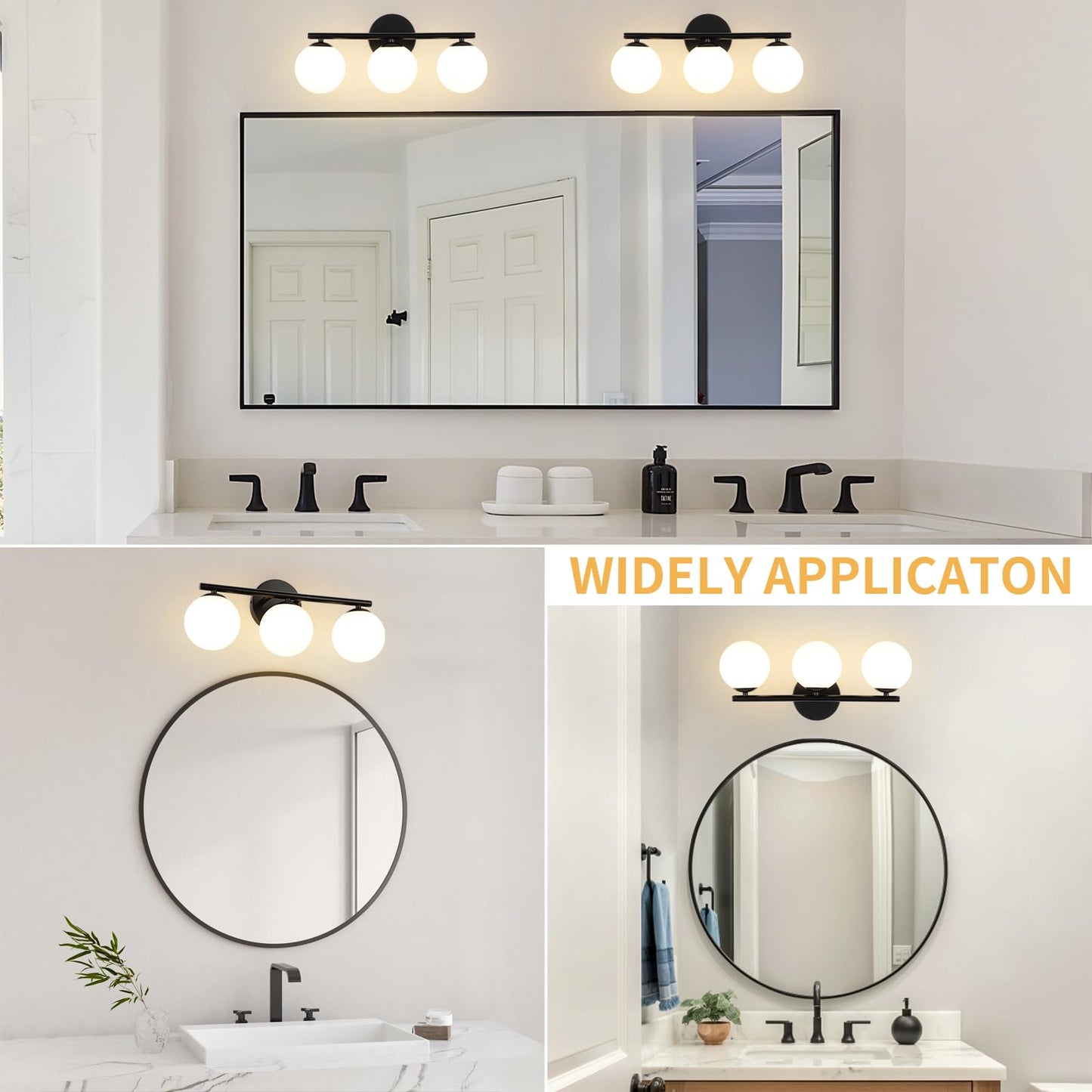 Foucasal Black Globe Bathroom Light Fixtures 3-Light Vanity Light With Plastic Milk White Globe Shades 11.81 Inch Wall Sconce Lighting Over Mirror  Vanity Lights For Bathroom Bedroom Hallway