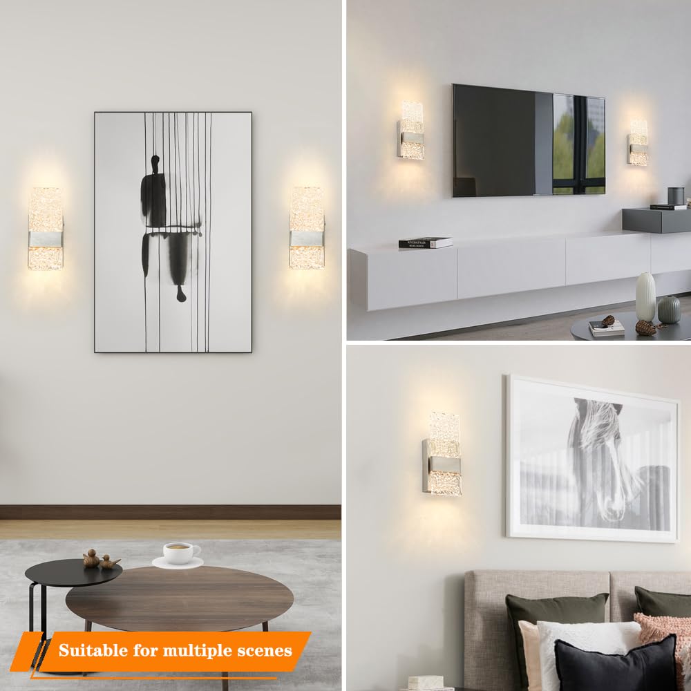 Modern Brushed Nickel Battery Operated Wall Sconces Set Of 2 - Rechargeable Led Wall Sconce Lighting With Acrylic Shade  Wireless Bedroom/Living Room Art Deco Light Fixtures