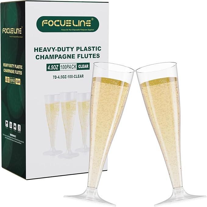 FOCUSLINE 100 Pack 4.5 Oz Plastic Champagne Flutes, Clear Plastic Champagne Glasses, Disposable Toasting Glasses Recyclabl...
