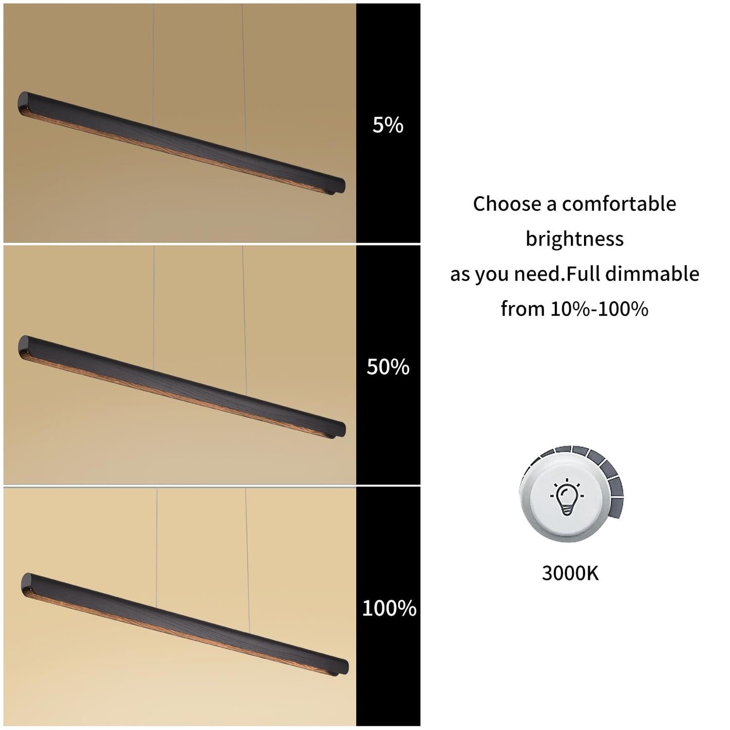 Yisdesign 47Inch Wood Led Linear Pendant Light  Dimmable Wood Ceiling Lamp Minimalist Linear Chandelier  36W Warm Light 3000K  Modern Kitchen Island Dining Room Lighting Black Adjustable Height