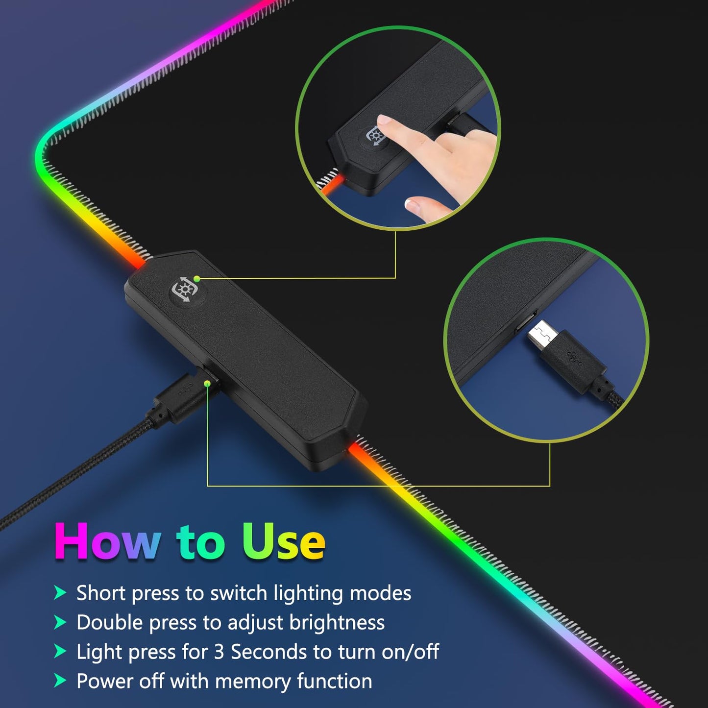 YQE RGB Gaming Mouse Pad: 35.4"x15.7" Desk Mat for Keyboard and Mouse, LED Game Mousepad with 14 Colors Light Modes, Non-Slip Desk Pad Matt Protector+Coasters-for Home, Office, Desktop-Black