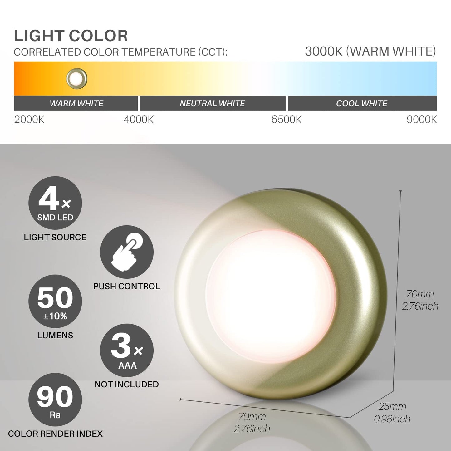 Star-Spangled 5 Pack Push Tap Lights, Led Touch Puck Lights, Golden Warm White, Battery Operated, Model Us-8016-Ye5-G