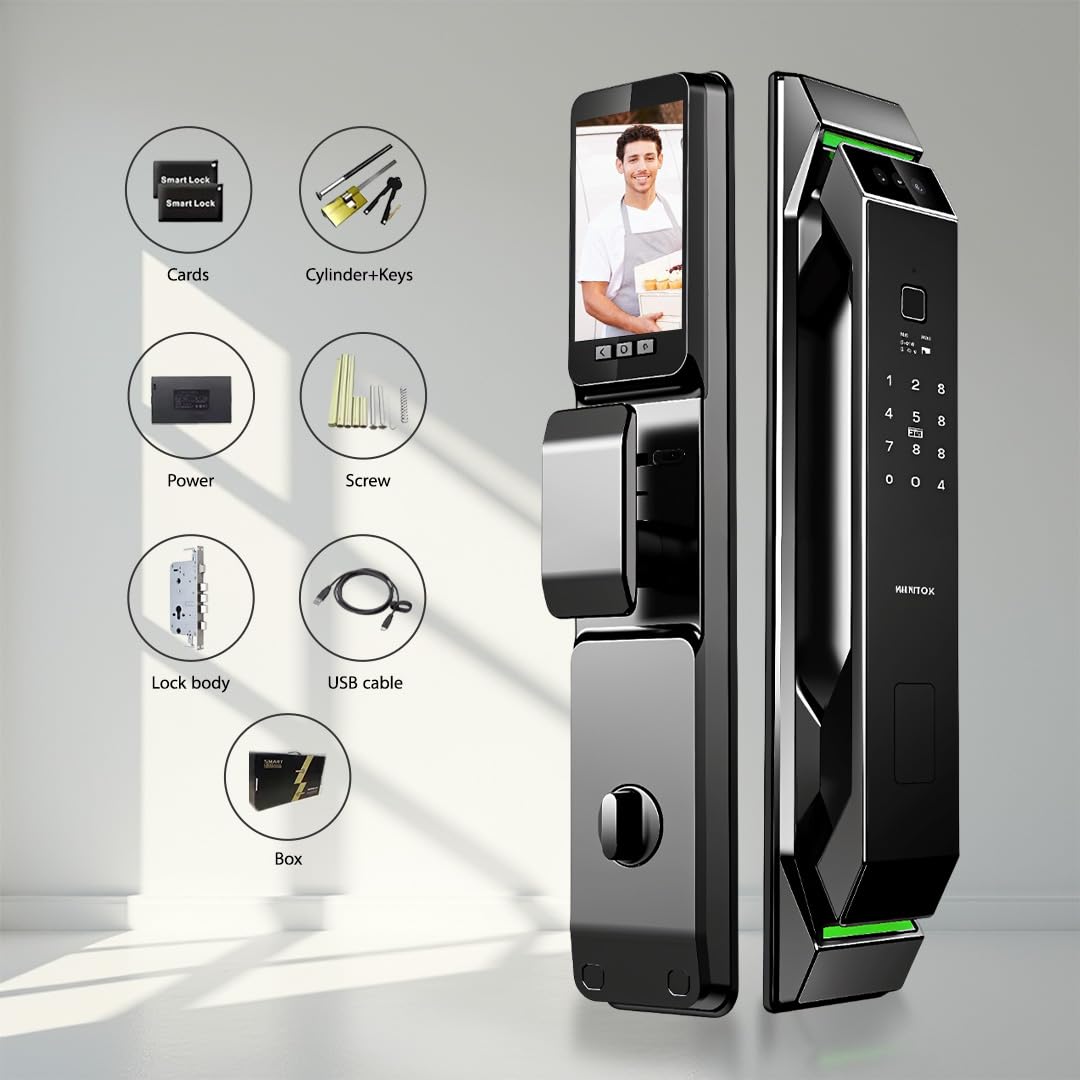 3D Face Recognition Smart Door Lock with HD Camera, Video Doorbell & Intercom – 7-in-1 Keyless Entry | Fingerprint, Palm Vein, Passcode, IC Card, Emergency Key, Tuya App Control, Easy Install | Alexa
