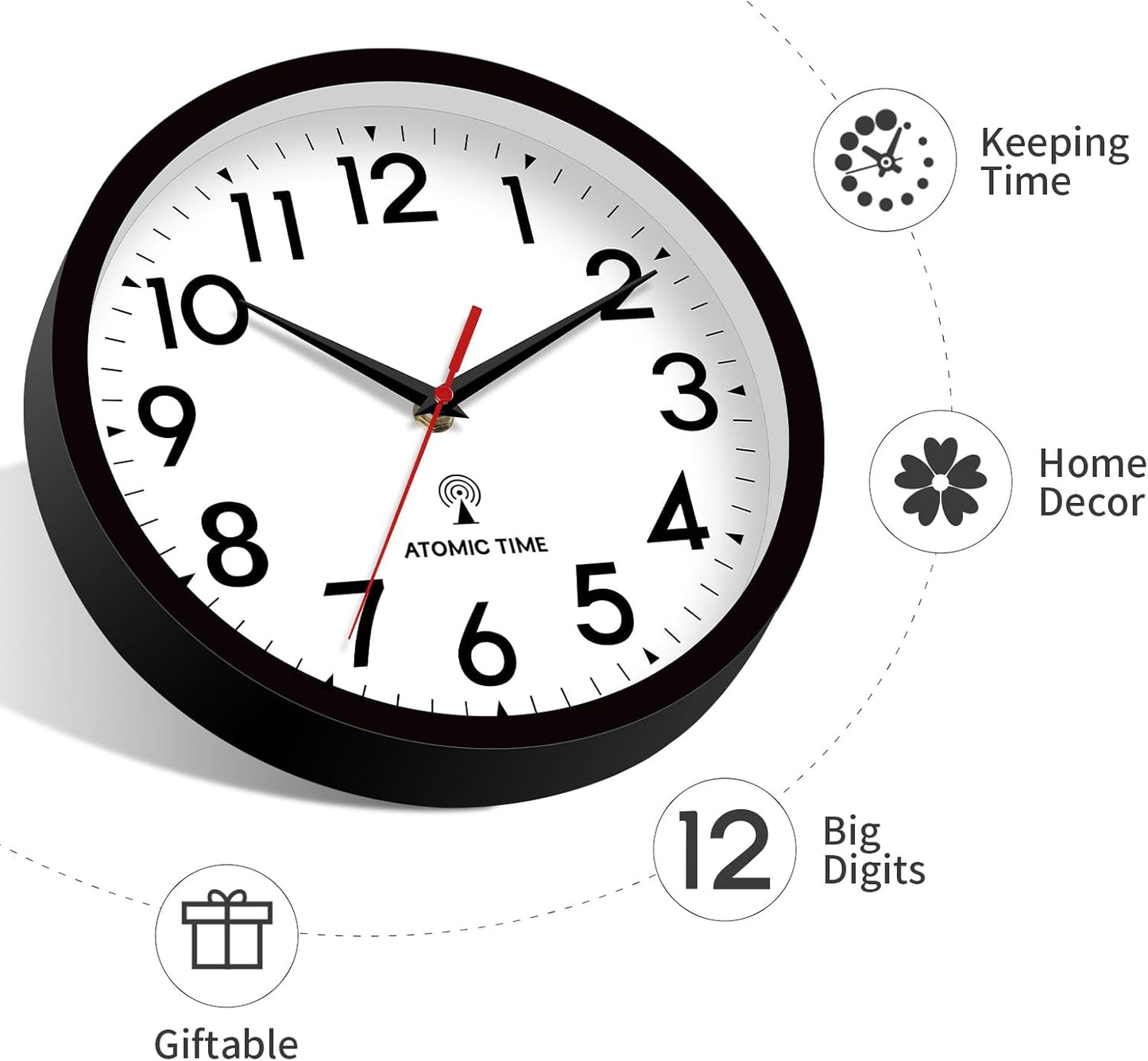 Atomic Wall Clock Analog 12 Inch Battery Operated Modern Decorative for Living Room Kitchen Office Bedroom Bathroom(Black)