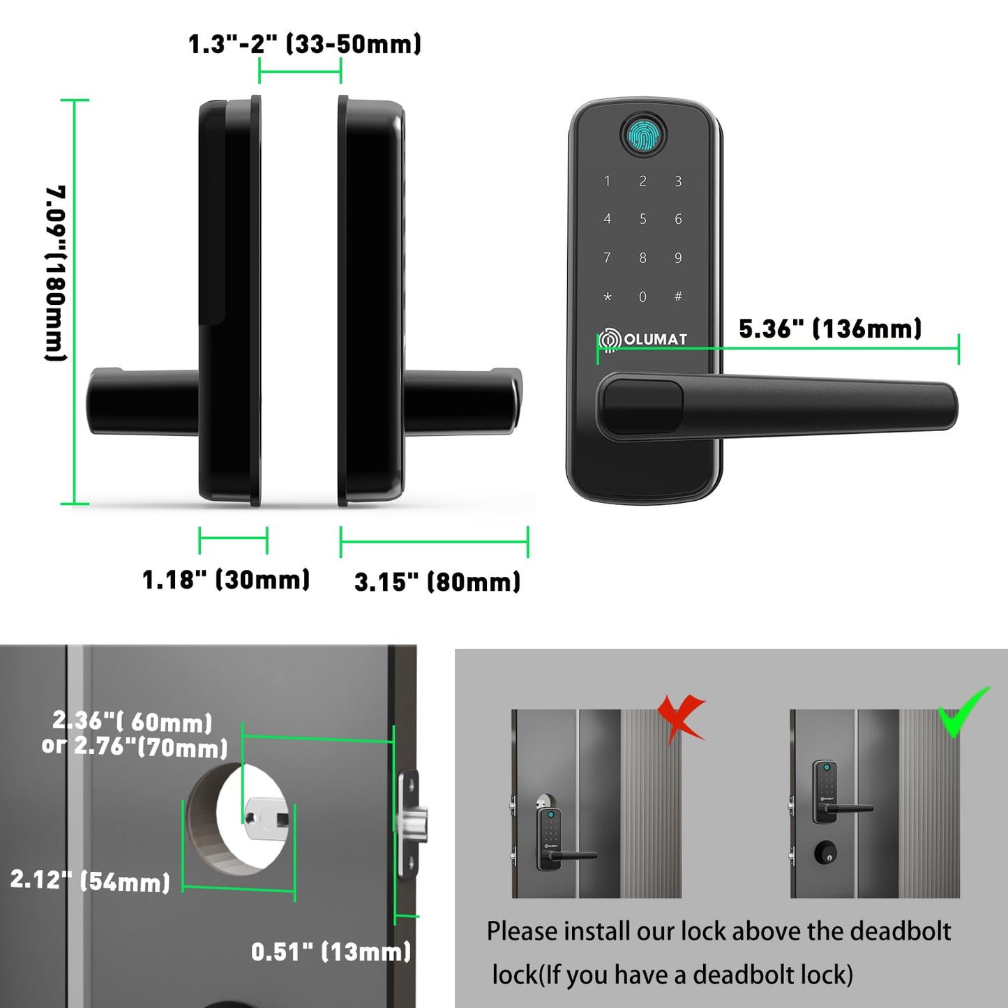 Smart Door Lock with Handle: Olumat Keyless Entry Door Lock with WiFi Gateway-Fingerprint Lock with Door Sensor -Smart Locks for Front Door with Keypad