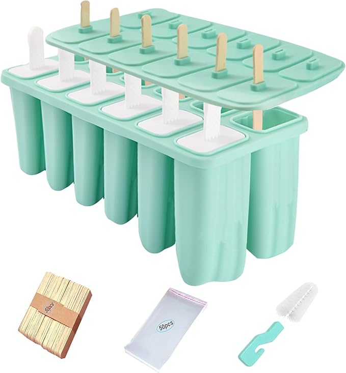 Silicone Popsicle Molds with Sticks Wpunwen 12 cavity Ice Popsicle MoldsIce Cream Mold with Clean Brush 12 Reusable Sticks 50 Sticks 50 Bags Green