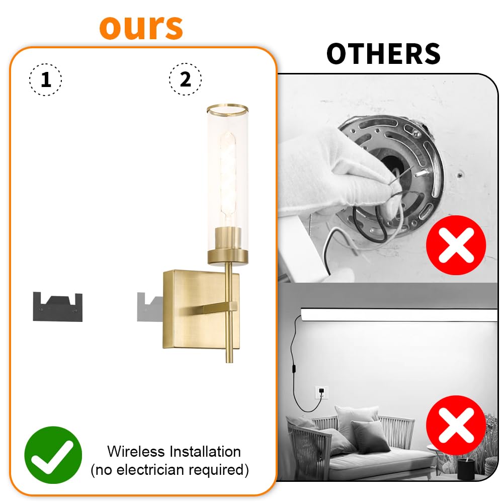 DSMJFU Gold Battery Operated Wall Sconce Set of 2, USB Rechargeable, Dimmable Glass Light Fixture, 15.94in, Model DX23082G1-CL-