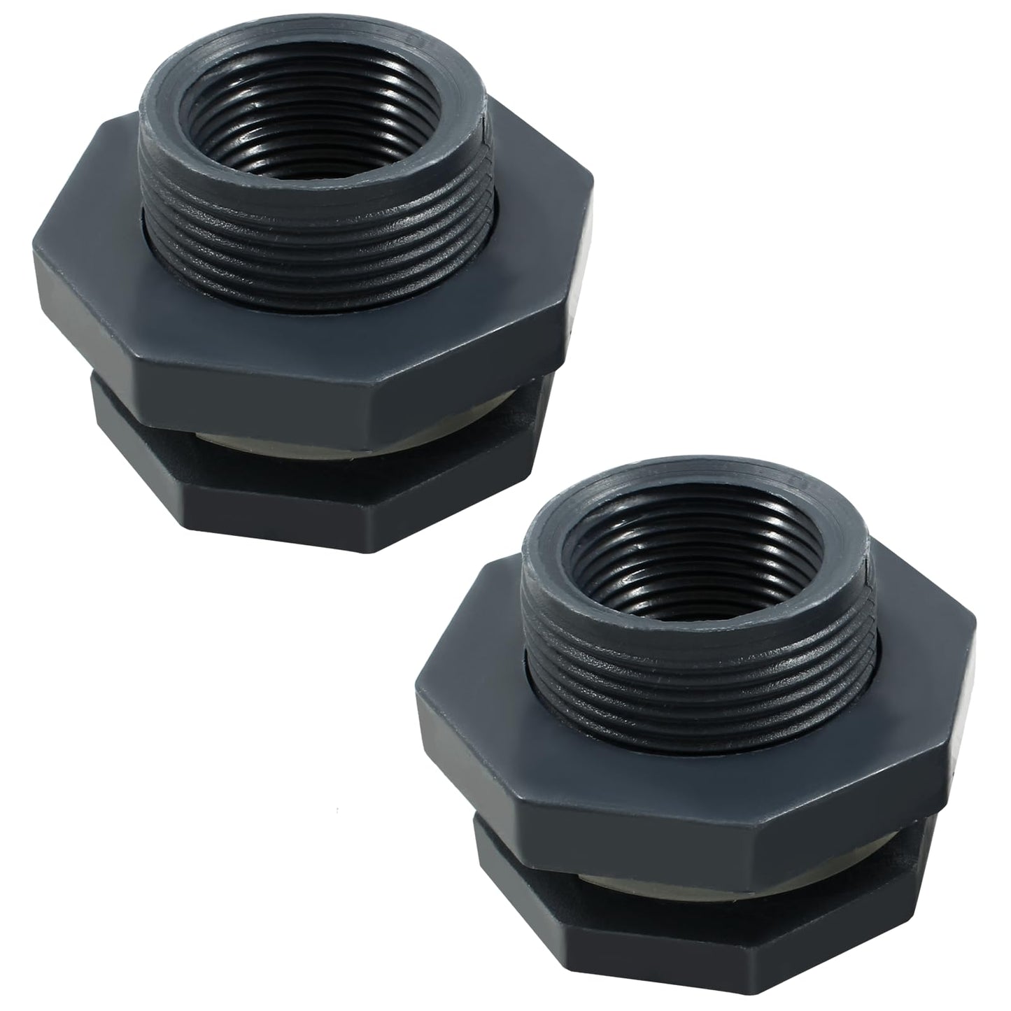 Suiwotin 2pcs NPT1 PVC Bulkhead Fitting, 1 Inch Plastic Water Tank Connector Threaded Thru-Bulk Pipe Fittings for Rain Barrels, Aquariums, Bucket Hose Adapter, Ponds, Pools