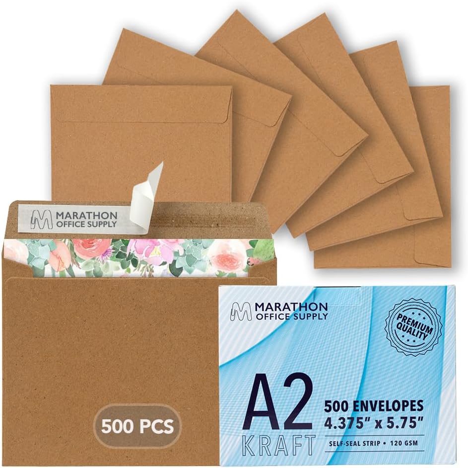 MOS A2 Kraft Envelopes 4.4 x 5.75 Inch 500 Pack — Brown Self-Seal Heavyweight Invitation Envelopes for Greeting Cards, RSVP, Card Making, Wedding Invitations, Business Mailings