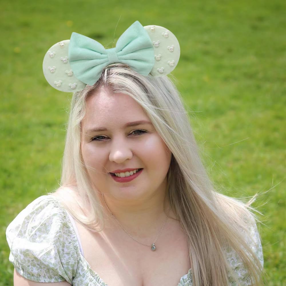 Trnerm Mint Green Fuzzy Mouse Ears Headband for Women, Cute Beads Headband with Bows,Halloween Costume Accessory