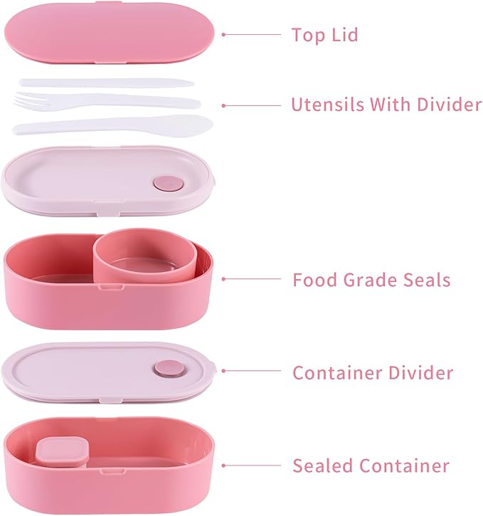 Bento Lunch Box Set -2 Stackable Adult And Women's Lunch Boxes - Including Lunch Bag, Leak Proof And Bisphenol Free A - Built-In Cutlery Set - Dishwasher Safe (Pink)