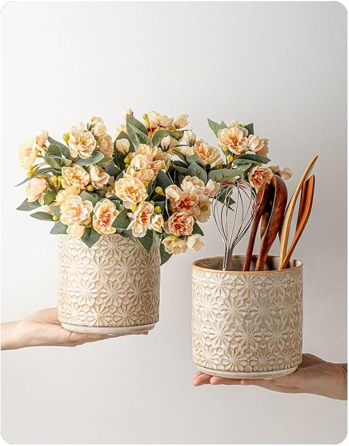 Kitchen Utensil Crock, 5.2" Ceramic Holder for Countertop, Handceafted Farmhouse Utensil Vase For Kitchen Decor Accessories, Housewarming