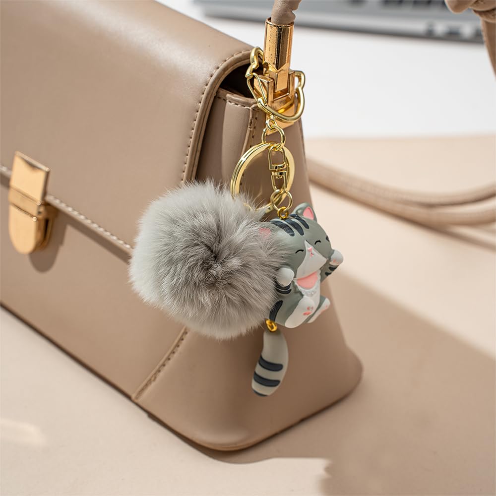 Jekvill Cute plush cat keychains for women, cute cartoon cat keychains with soft plush balls, durable and lightweight, bag accessories, can hold keys, wallets, backpacks,bag charms