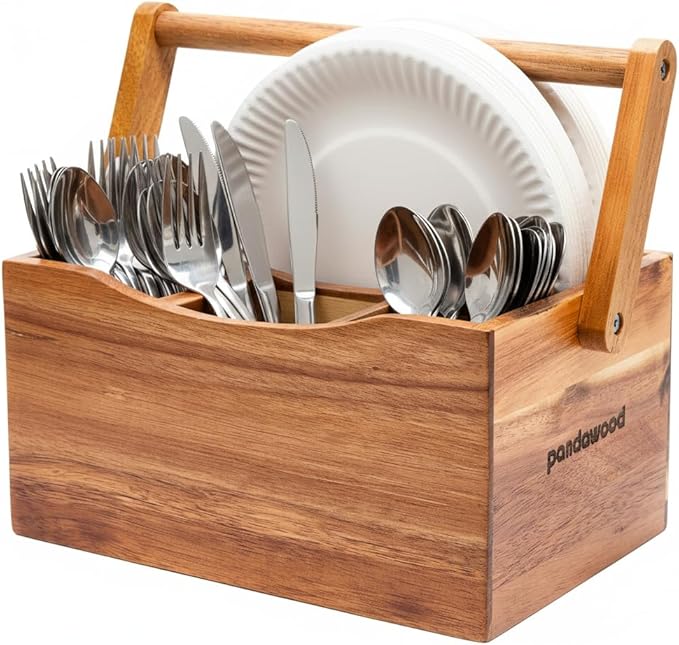 Wooden Silverware Caddy - Rustic Utensil Holder for Parties & Countertop - 4 Compartment Flatware Organizer with Handle - Farmhouse Kitchen Napkin & Cutlery Storage