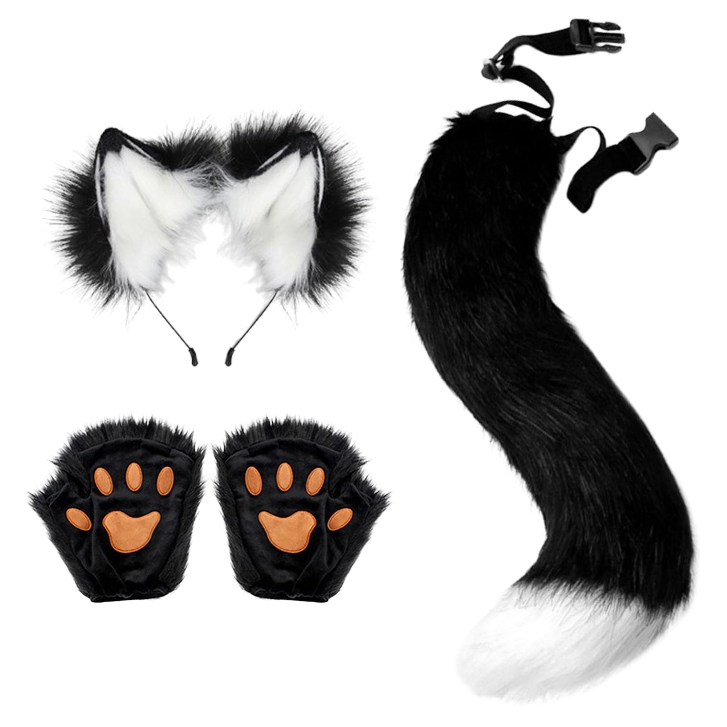 Hyuetrsa Wolf Fox Costume, Faux Fur Wolf Ears Headband Fox Tail and Paw Gloves Set, Cat/Fox Ears Headband and Tail for Halloween Cosplay Christmas Party Supplies, Black (Ears and Tails with White)
