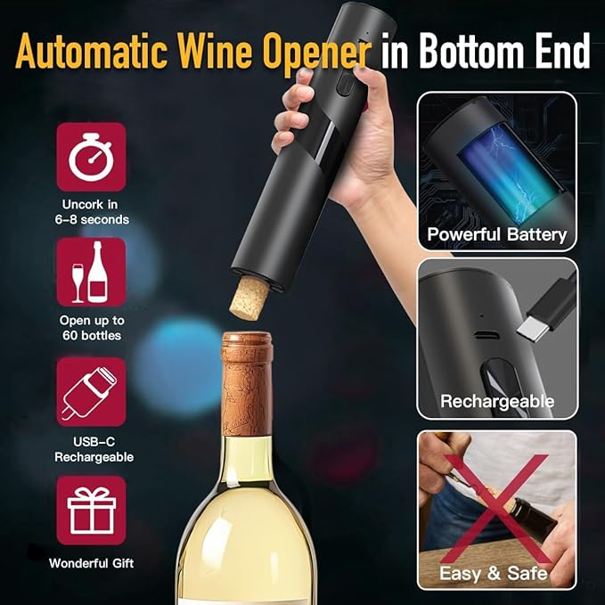 Electric Wine Opener with Charging Base | Electric Corkscrew Wine Bottle Opener at BOTTOM END + Auto Wine Saver Pump at TOP - Cool Wine Gifts and House Warming Gift