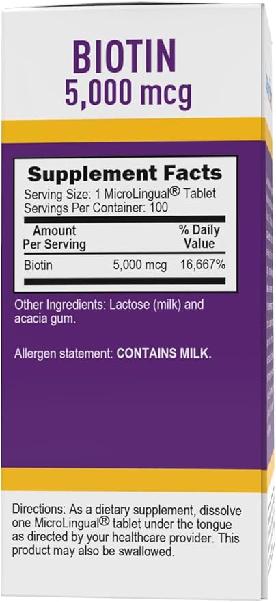 Superior Source Biotin 5000 mcg. Under The Tongue Quick Dissolve MicroLingual Tablets, 100 Count, Supports Healthy Hair, Skin, and Nail Growth, Helps Support Energy Metabolism, Non-GMO
