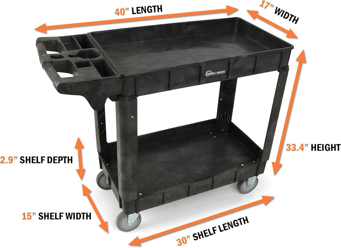 Simpli-Magic Rolling Utility Cart on Wheels, Heavy Duty with Ergonomic Handle, Deep Shelfs for Garage, Warehouse, Workshop, 600-Pound Capacity 40x33x17-Inch