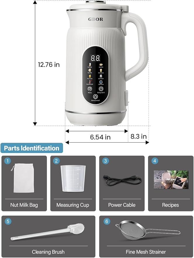 GDOR 42oz Smart Nut Milk Maker, 9-in-1 Plant Milk Machine for Almond, Oat, Soy, Juice & Smoothie, Large Touch Display Blender with Keep Warm, Boil Water, 12H Delay and Self-Cleaning
