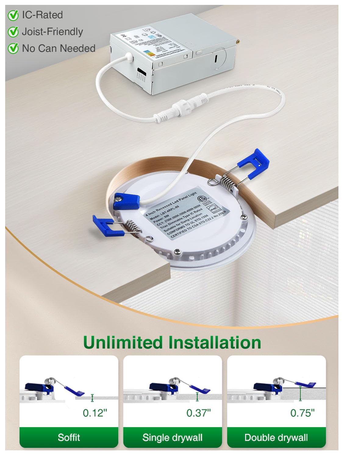 zouzai 6 Inch 5CCT Ultra-Thin LED Recessed Ceiling Light with Junction Box, 2700K/3000K/3500K/4000K/5000K Selectable, 12W Eqv 110W,Dimmable, led can Lights- ETL and Energy Star Certified【 6 Pack 】