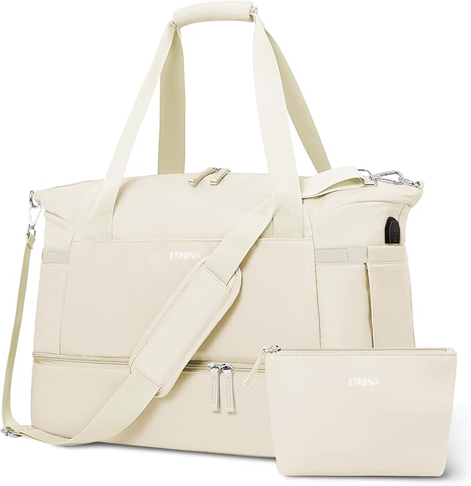 ETRONIK Gym Bag for Women, Personal Item Travel Bag with Shoes Compartment, Weekender Overnight Duffel Bag with Wet Pocket & USB Charging Port, Carry On Bag for Women, Travel, Gym, Weekend (Beige)