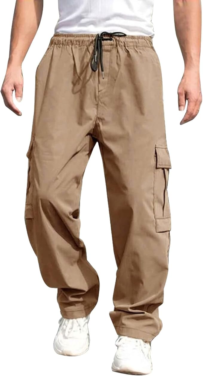 Men's Fashion Cargo Pants Solid Casual Drawstring Outdoor Hiking Pants Elastic Waisted Straight Leg Work Trousers with Pocket
