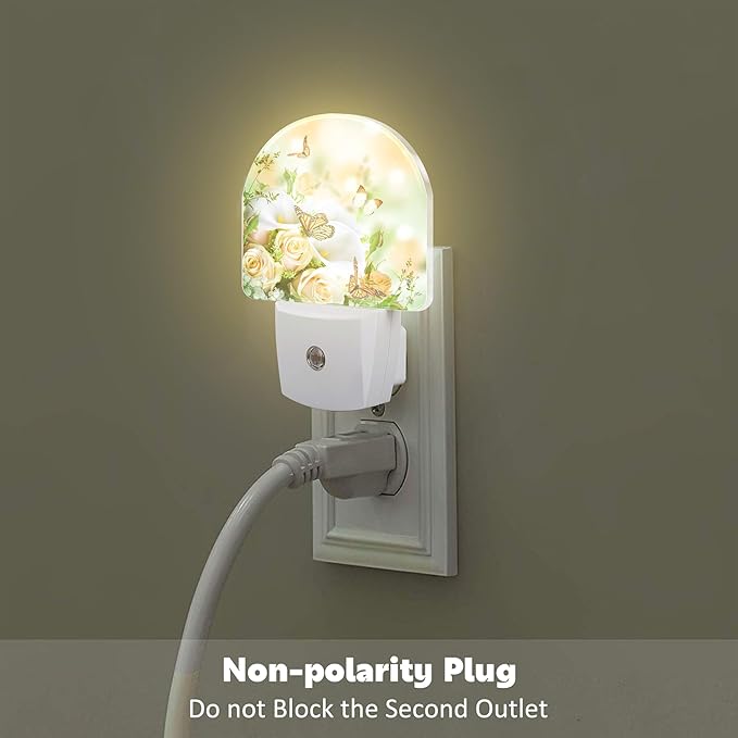 Yellow Rose Flowers Butterfly Night Light Plug into Wall, Spring Floral Butterflies Dusk to Dawn Night Light Plug in,0.5w Energy Saving Sleep Friendly NightLight for Kids Boys Girls Home Decor