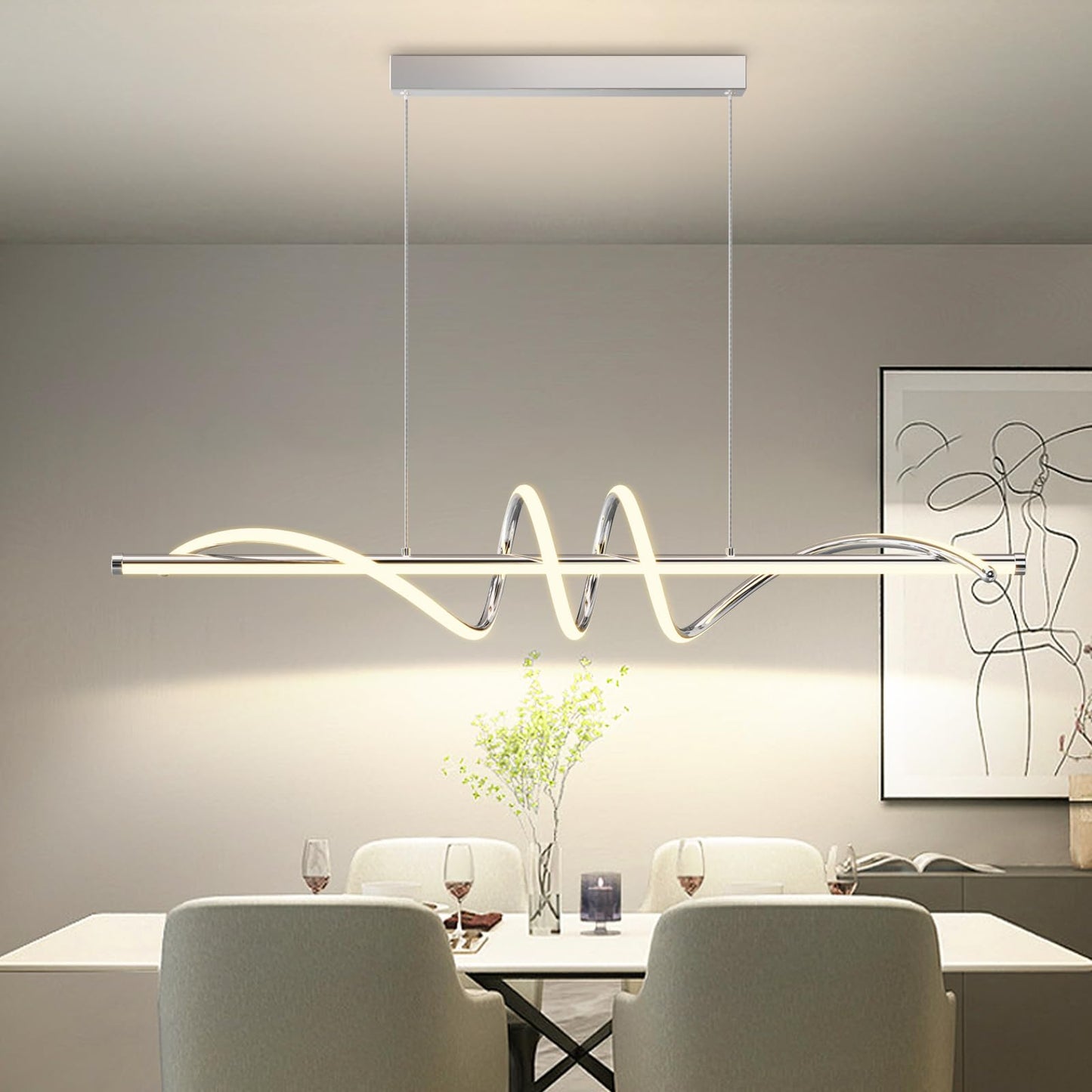 Zihoi LED Pendant Light Fixture, Dimmable with Remote, 39in Aluminum, Adjustable Color 3000K-6000K, Chrome Silver