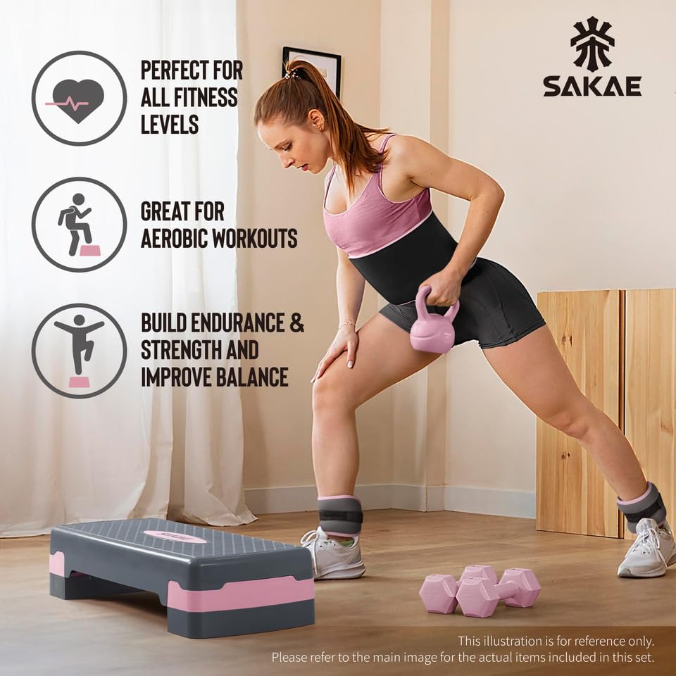 Adjustable Height Aerobic Stepper Set, Multiple Bundle Options with Dumbbells, Kettlebell, Waist Trimmer, Ankle Weights or...