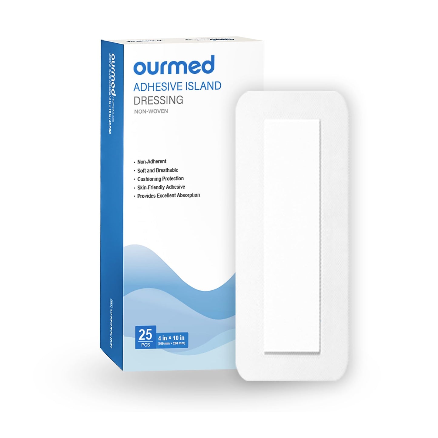 Ourmed Island Dressing Bordered Gauze 4"x 10"(2"x 8" Absorbent Pad), Pack of 25, Self-Adhesive Sterile Dressing with Highly Absorbent, Latex& Rubber- Free, for Cuts and Scratches