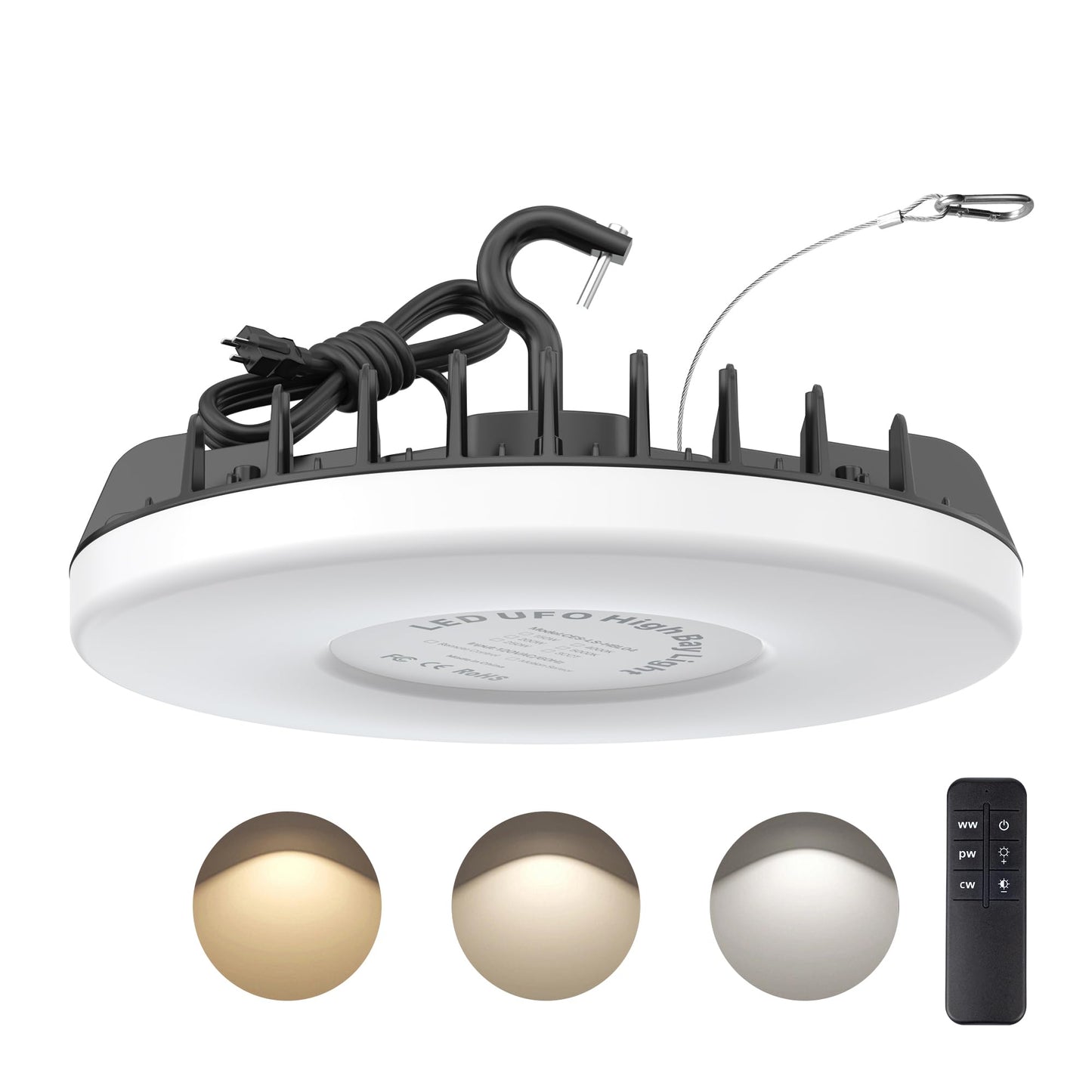 DEMILARE LED Shop Lights - 200W High Bay Light, 24000LM, 3 CCT Adjustable, Dimmable, IP65 Waterproof, Black, Model HBL04