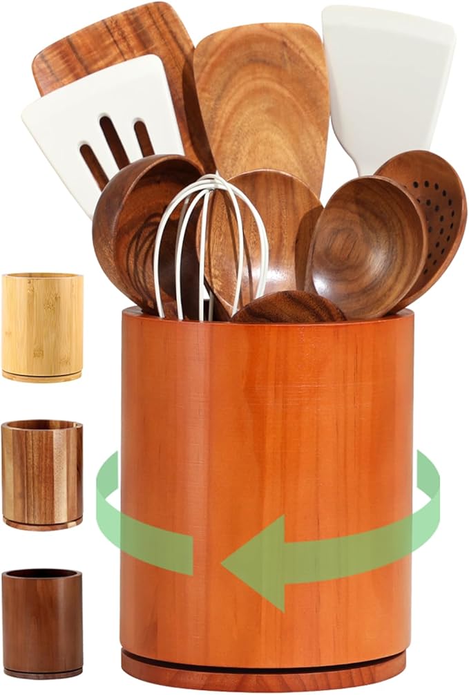 Wooden Utensil Holder, 360°Rotating 7.3'' Large Utensil Holder for Kitchen Counter, Kitchen Utensil Organizer, Utensil Crock, Farmhouse Kitchens Countertop Decor, Cherry