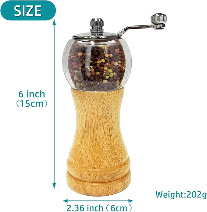 Salt and Pepper Grinder Set Wooden Pepper Salt Grinder Set Manual Pepper Mill Set Classical Hand Shake Ceramic Blades Metal Handle Wooden Pepper Shaker with Adjustable Coarseness