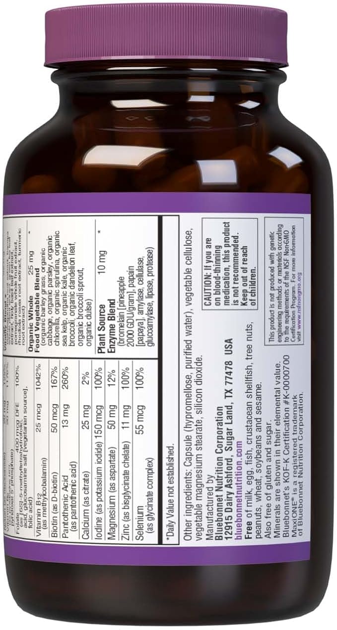 Bluebonnet Nutrition Maxi One (Iron-Free), Whole Food Multiple, Enzymes, Energy, Vitality, Gluten-Free, Kosher, Dairy-Free, Vegetarian Friendly, Soy-Free, Non-GMO, 60 Vegetable Capsule, 2 Month Supply