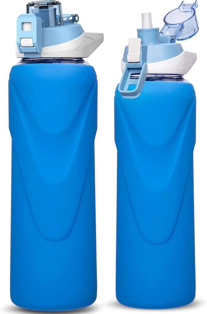 32 oz Sports Glass Water Bottle with Straw & Silicone Sleeve Reusable BPA-free Borosilicate Glass Drinking Bottle with Flip Top Lid & Handle Wide Mouth (Dark Blue)