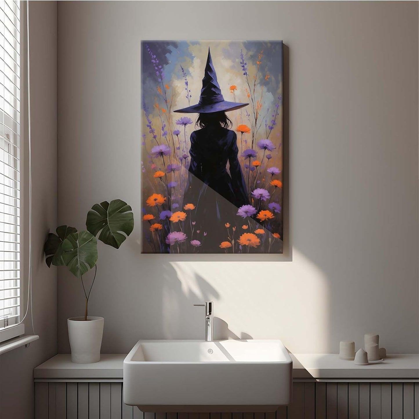 Country wildflower witch canvas print halloween mashup art witch purple decoration bohemian elegant art poster16x24in Wood Framed