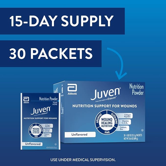 Juven Therapeutic Nutrition Drink Powder Including Collagen Peptides, Amino Acids, and HMB For Wound Healing Support, Unflavored, 30 Packets