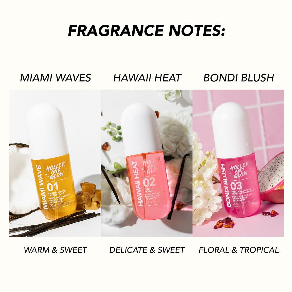 Holler and Glow Bondi Blush Pink Dragonfruit Body & Hair Mist, Body Spray For Women, Hair Perfume For Women, Jasmine, Amber Scented, Floral & Tropical, Travel Sized, 3.38 Fl Oz