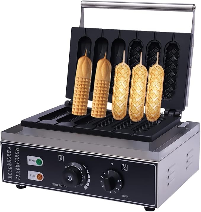 1550W Corn Dog Waffle Maker, 6 Grid 2 Shapes Non-Stick Hot Dog Machine with Temp & Time Control, Countertop Waffle Pop Maker for Restaurant Bakery Snack Bar Family