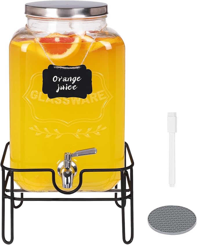 Moretoes Glass Drinks Dispenser for Parties, 2 Gallon Beverage Dispenser with Stand for Juice and Iced Tea, Water Jug Dispenser for Lemonade, Party Essential Beverage Pitcher with Spout