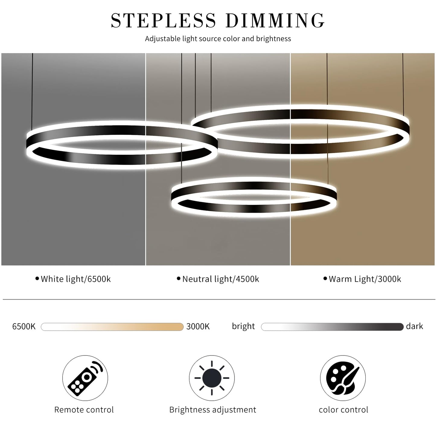 Mikeru Modern LED Chandelier Light, Remote Control, Adjustable 3000K-6500K, Aluminum, 15.7+23.6+31.5IN, C-Black