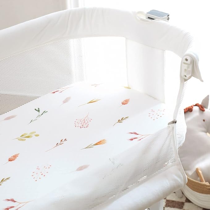 Stretchy Ultra Soft Bassinet Fitted Sheets 3 Pack, Universal Fitted for Bassinets Oval Rectangle Mattress, Pretty Bassinet Sheets for Baby Girls, Watercolor Rose Flora Orange Pink